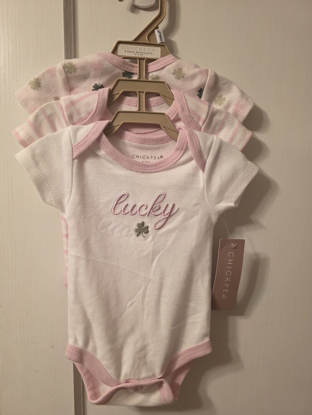 Chickpea Baby Onesie Set Of 3 - White & Light Pink 'Lucky'